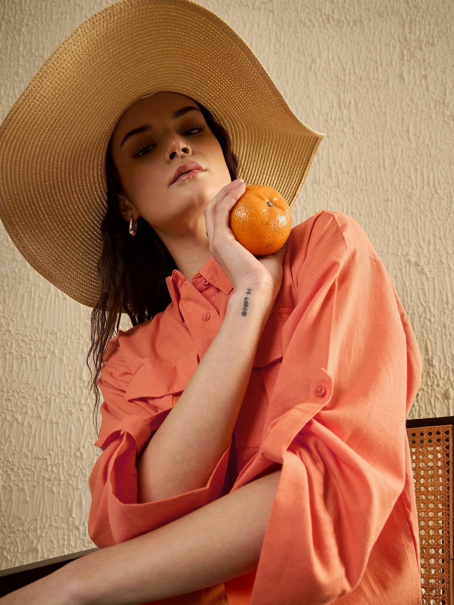 Orange Color Shirt Collar Cotton Shirt for Women