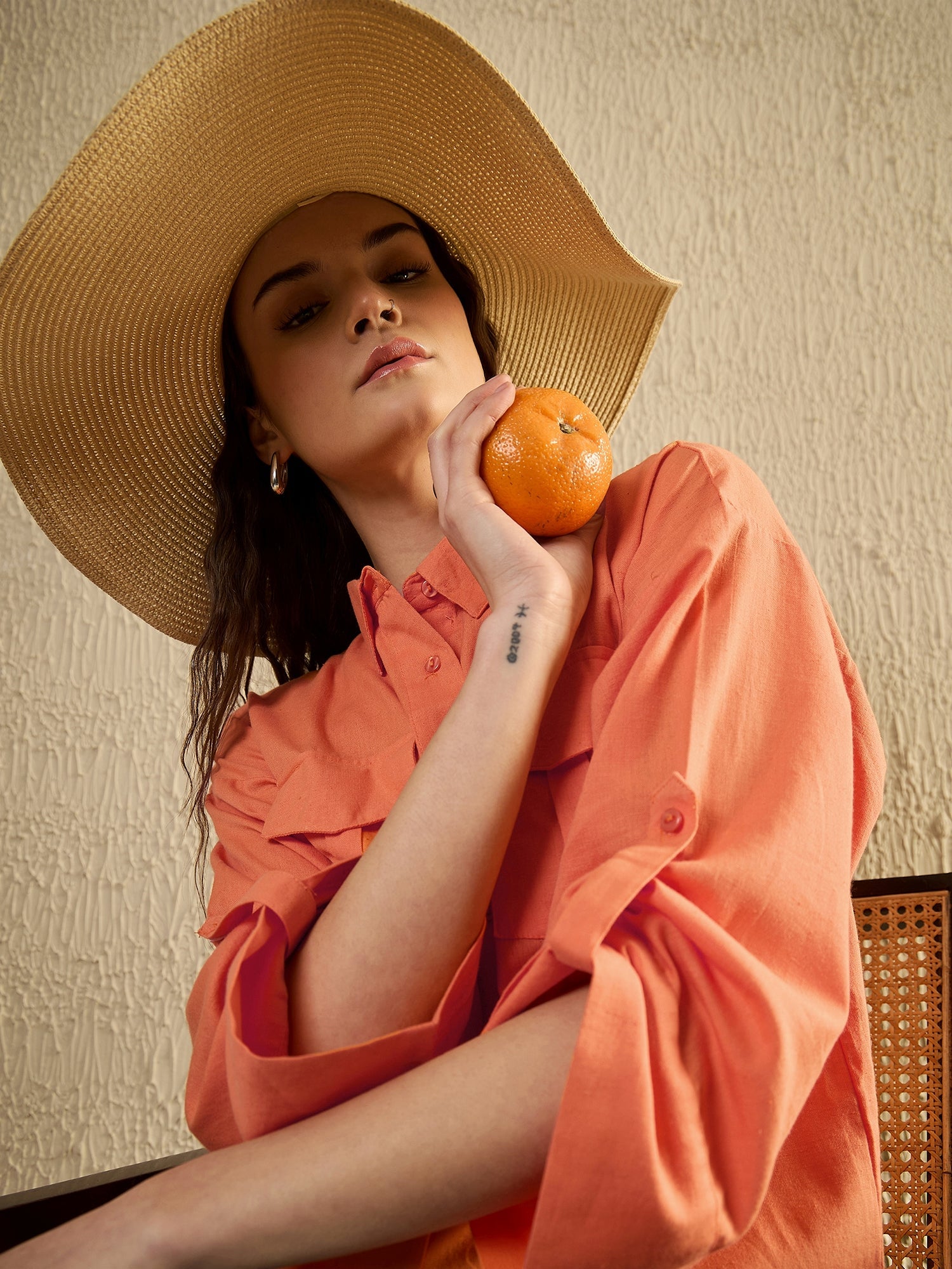 Orange Color Shirt Collar Cotton Shirt for Women