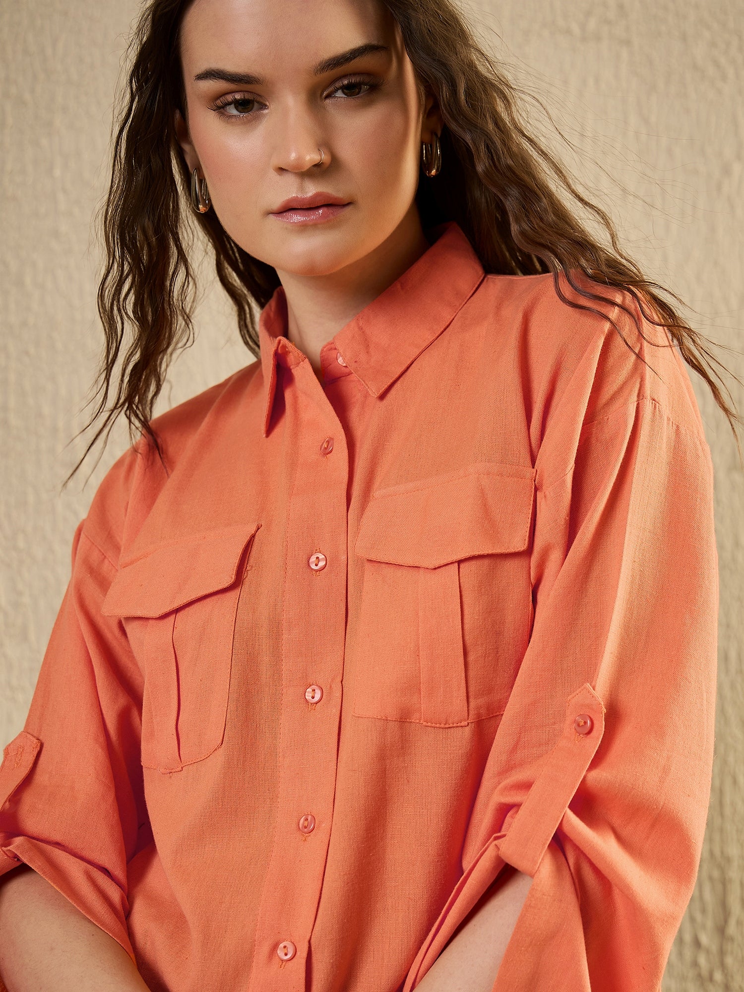 Orange Color Shirt Collar Cotton Shirt for Women