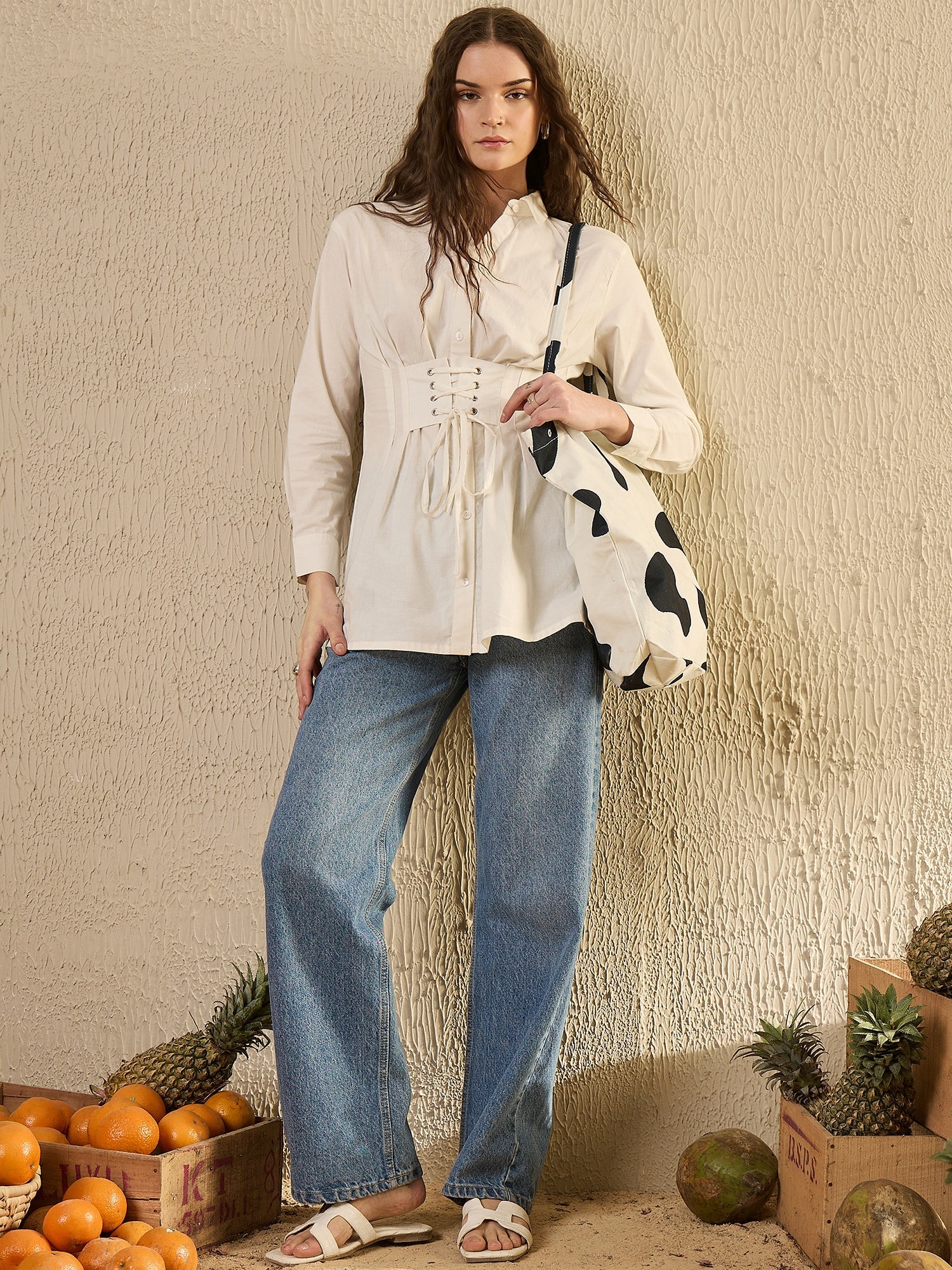 White Solid Print Cotton Shirt For Women