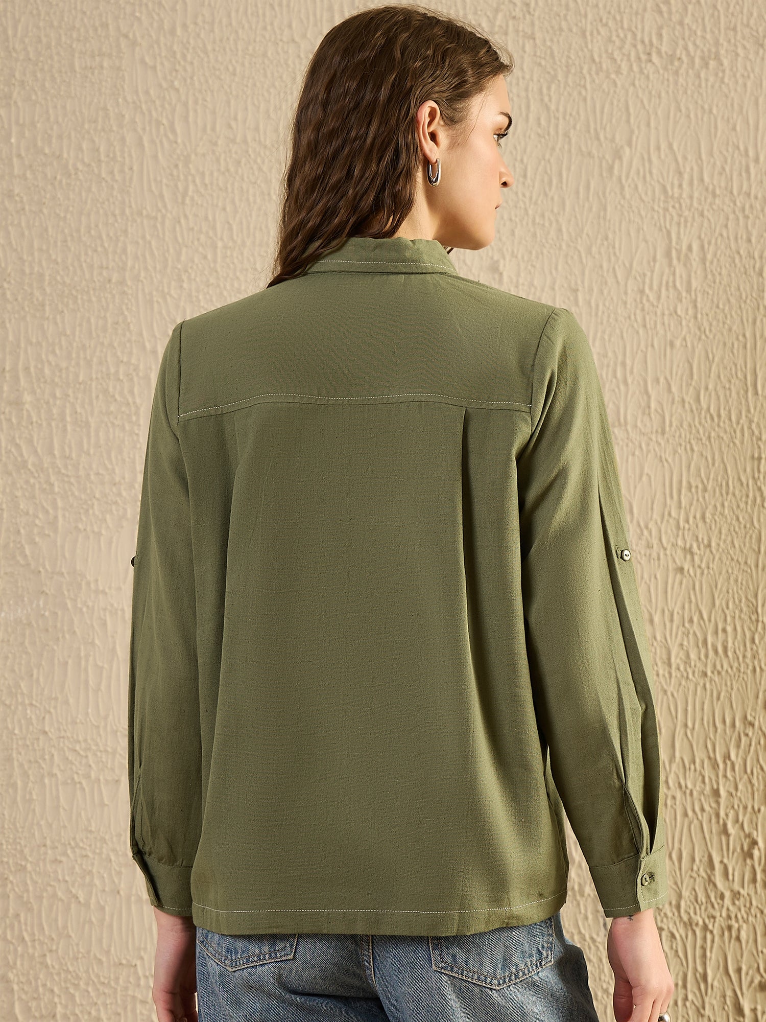 Green Solid Print Cotton Women Shirt