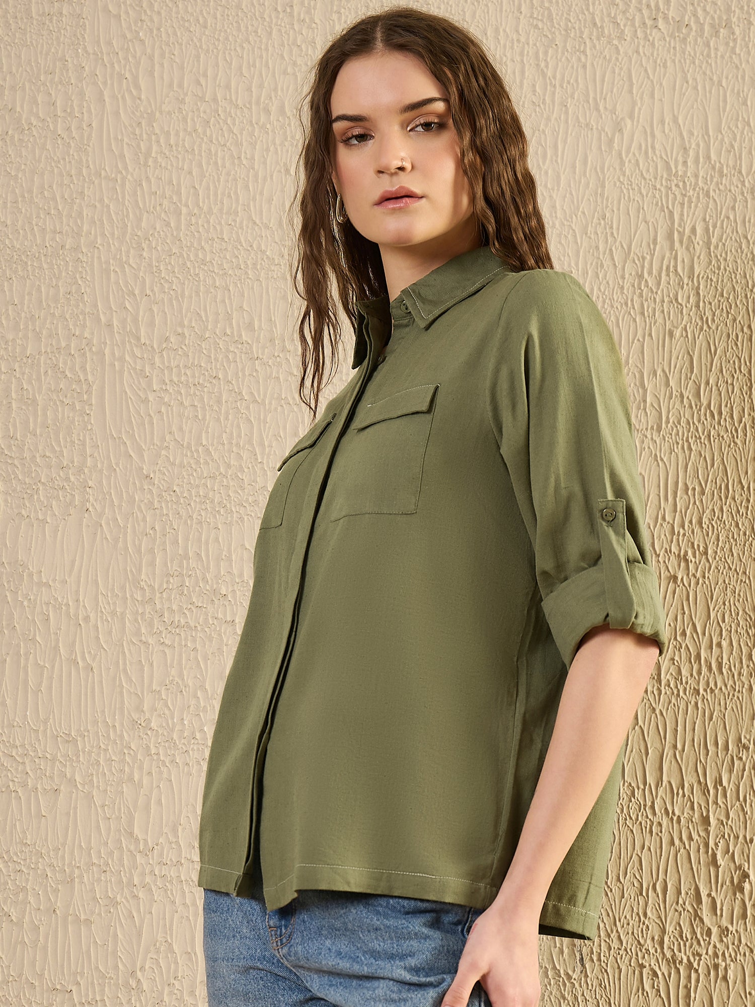 Green Solid Print Cotton Women Shirt