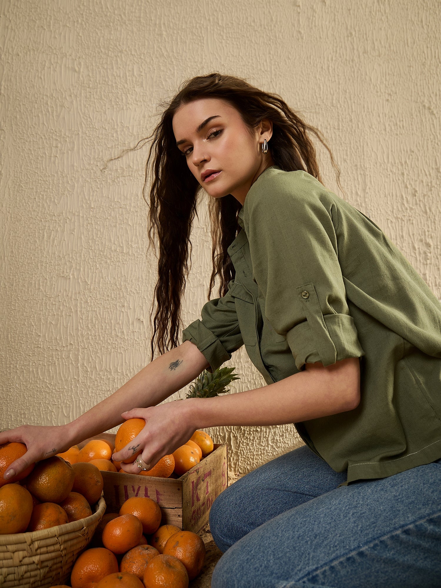 Green Solid Print Cotton Women Shirt