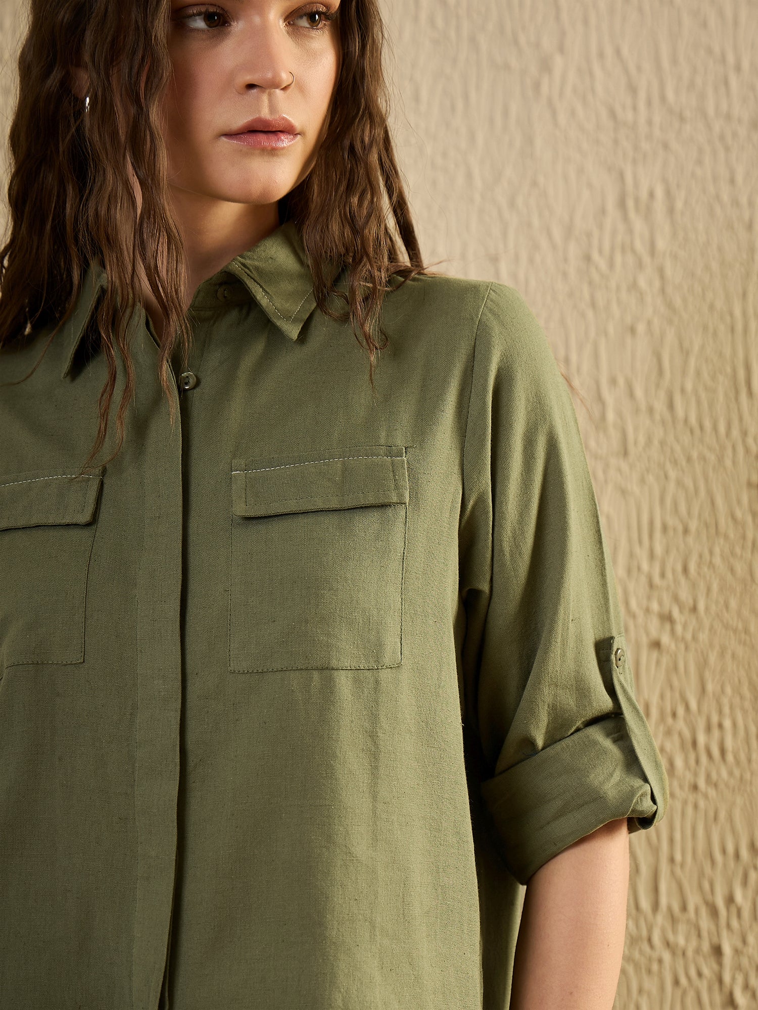 Green Solid Print Cotton Women Shirt