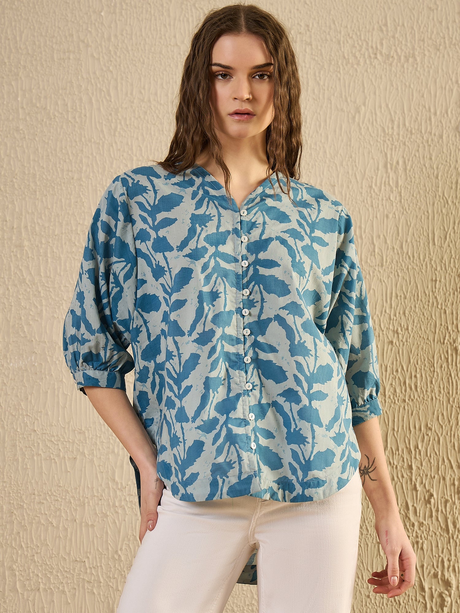Teal Color Floral Cotton Women Shirt