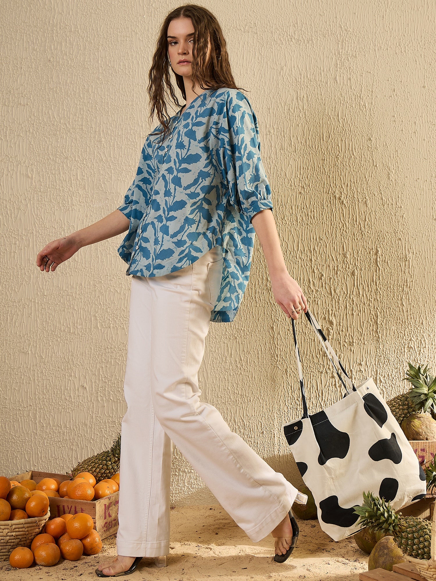 Teal Color Floral Cotton Women Shirt