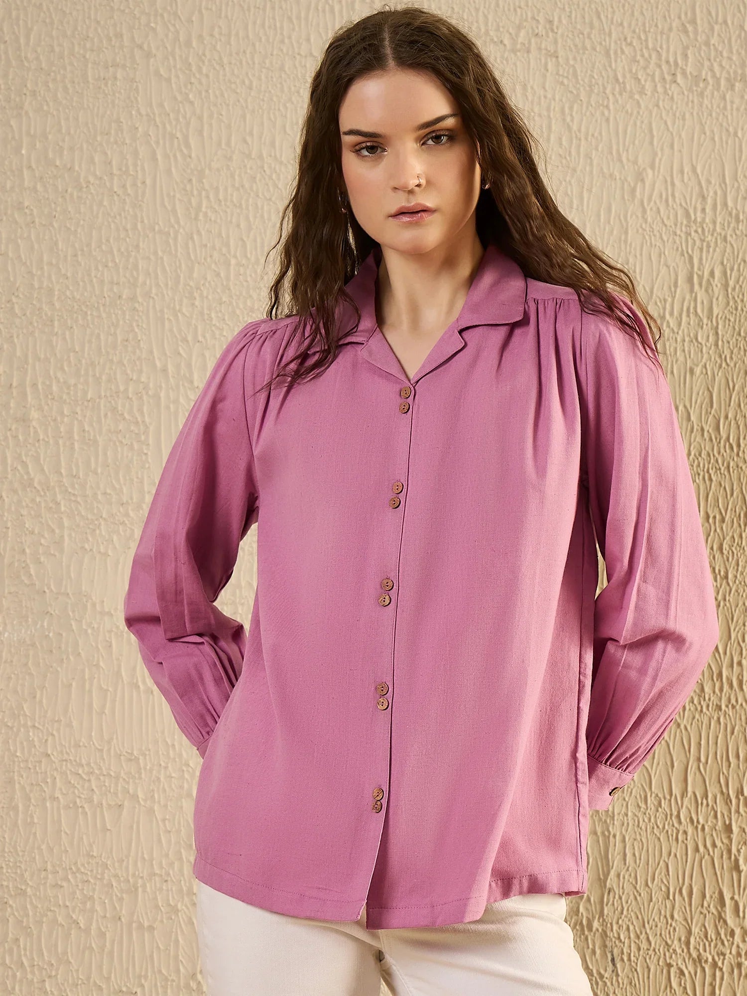 Mauve Color Solid Cotton Women Shirt - SanskrutiHomes