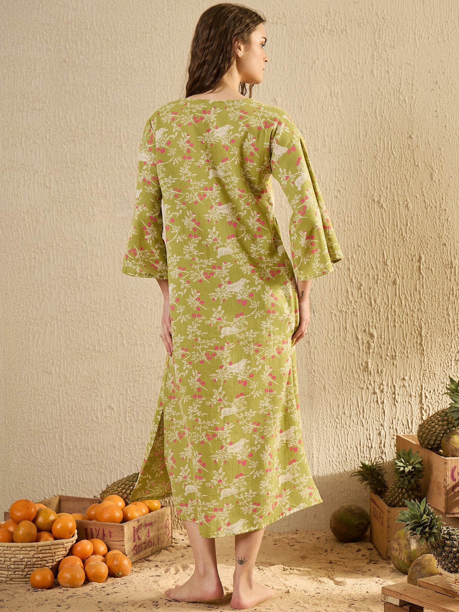 Lime Green Floral Printed V-Neck Night Dress - SanskrutiHomes