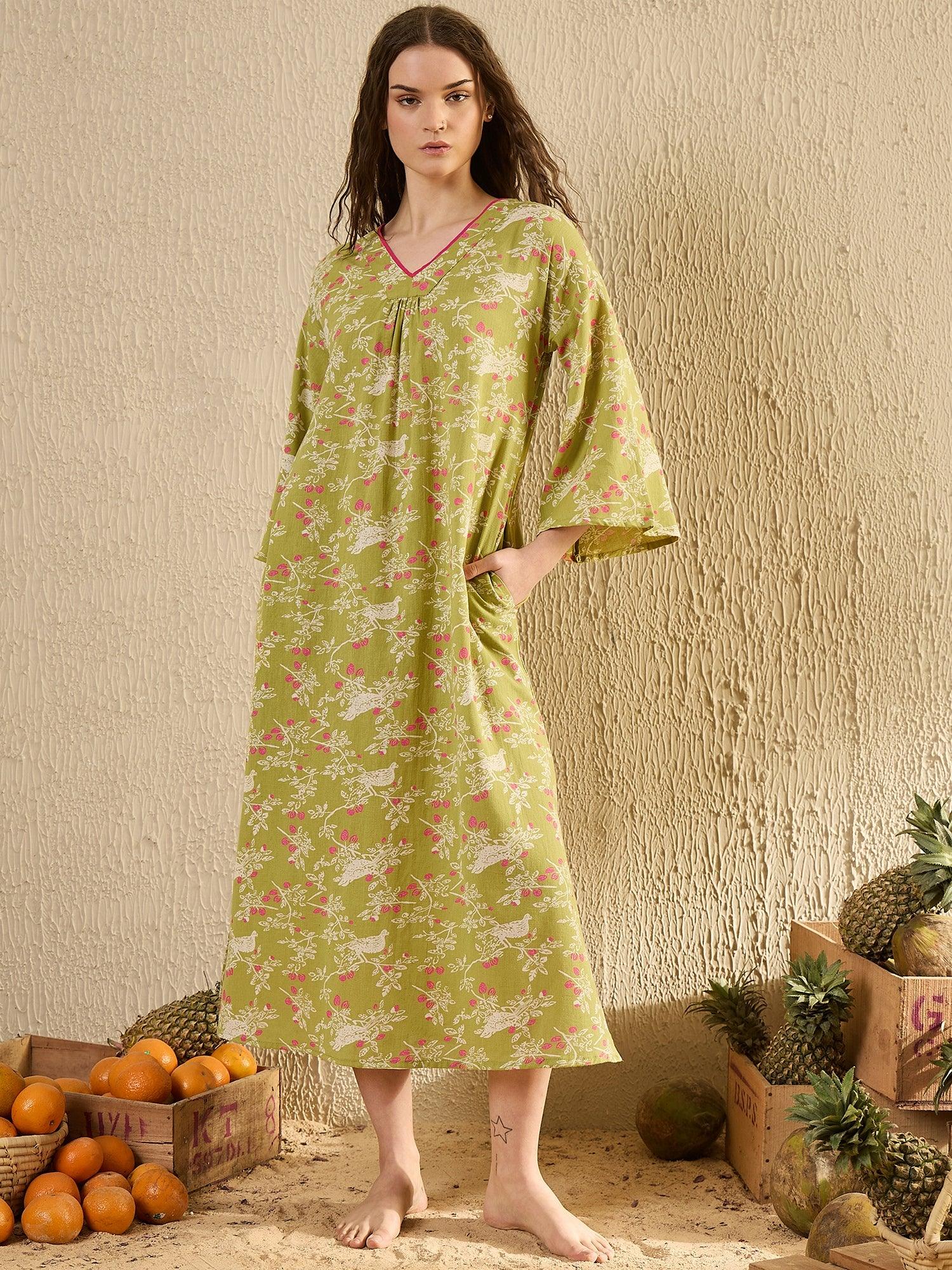 Lime Green Floral Printed V-Neck Night Dress - SanskrutiHomes