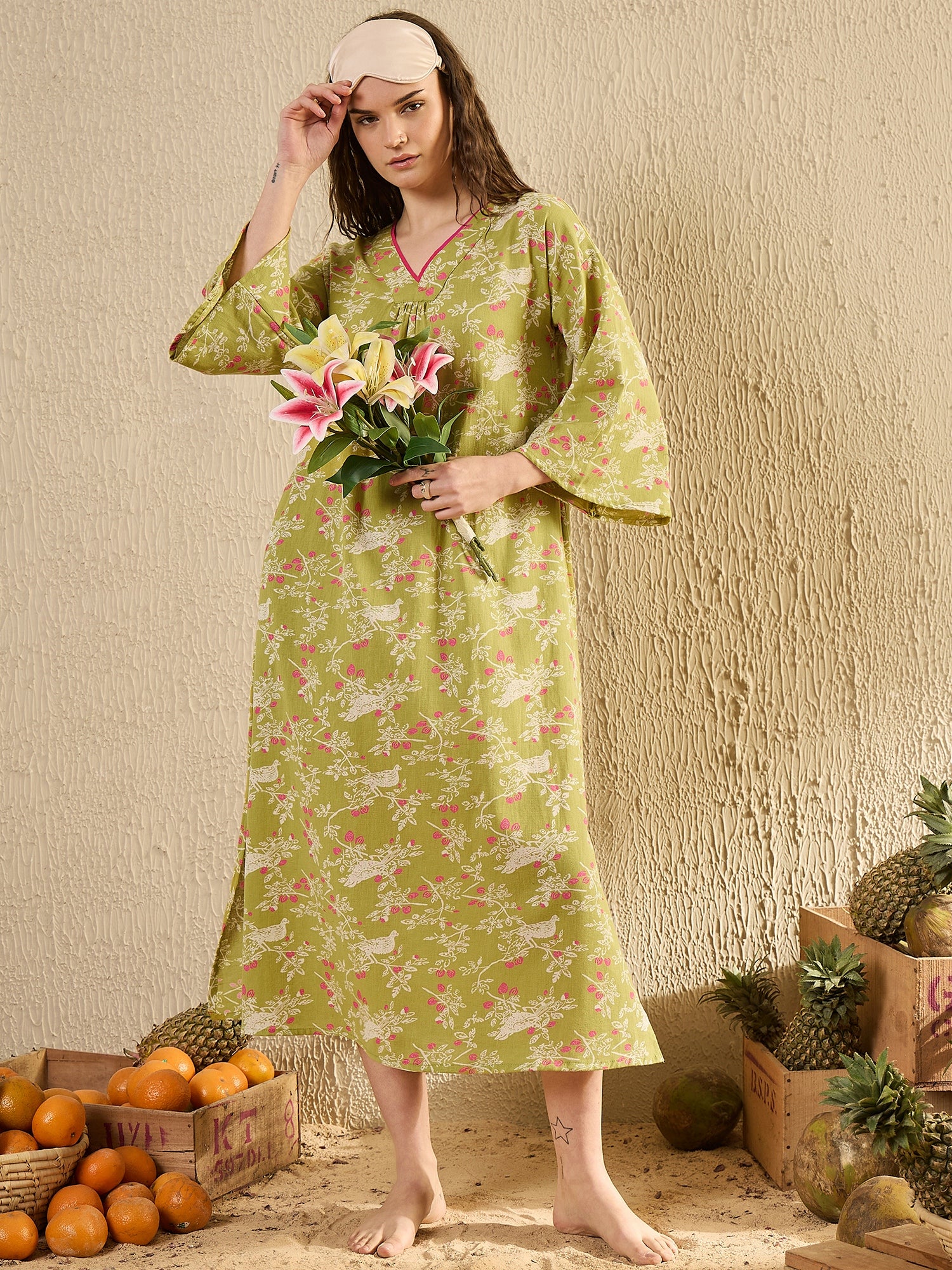 Lime Green Floral Printed V-Neck Night Dress