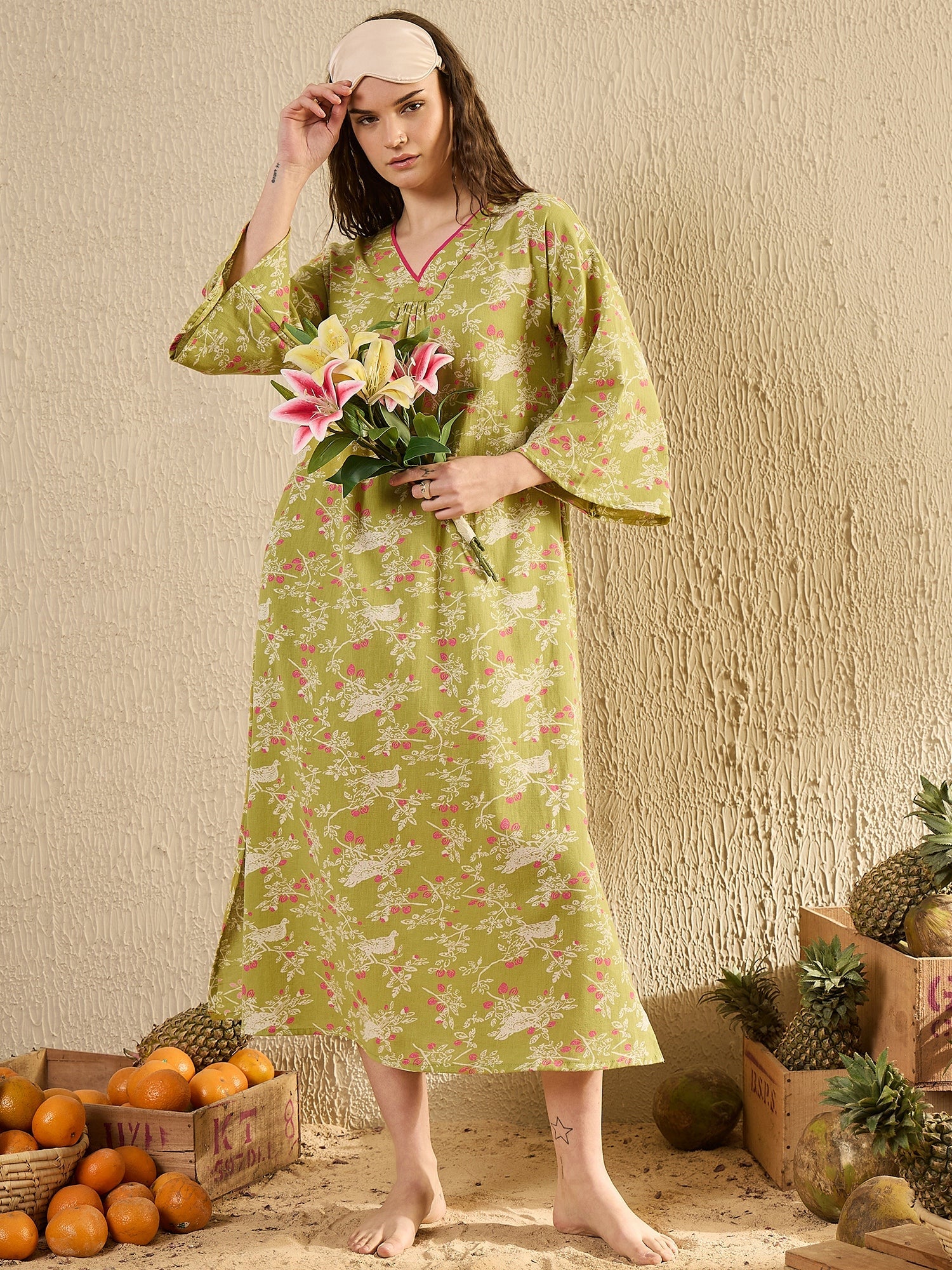 Lime Green Floral Printed V-Neck Night Dress - SanskrutiHomes