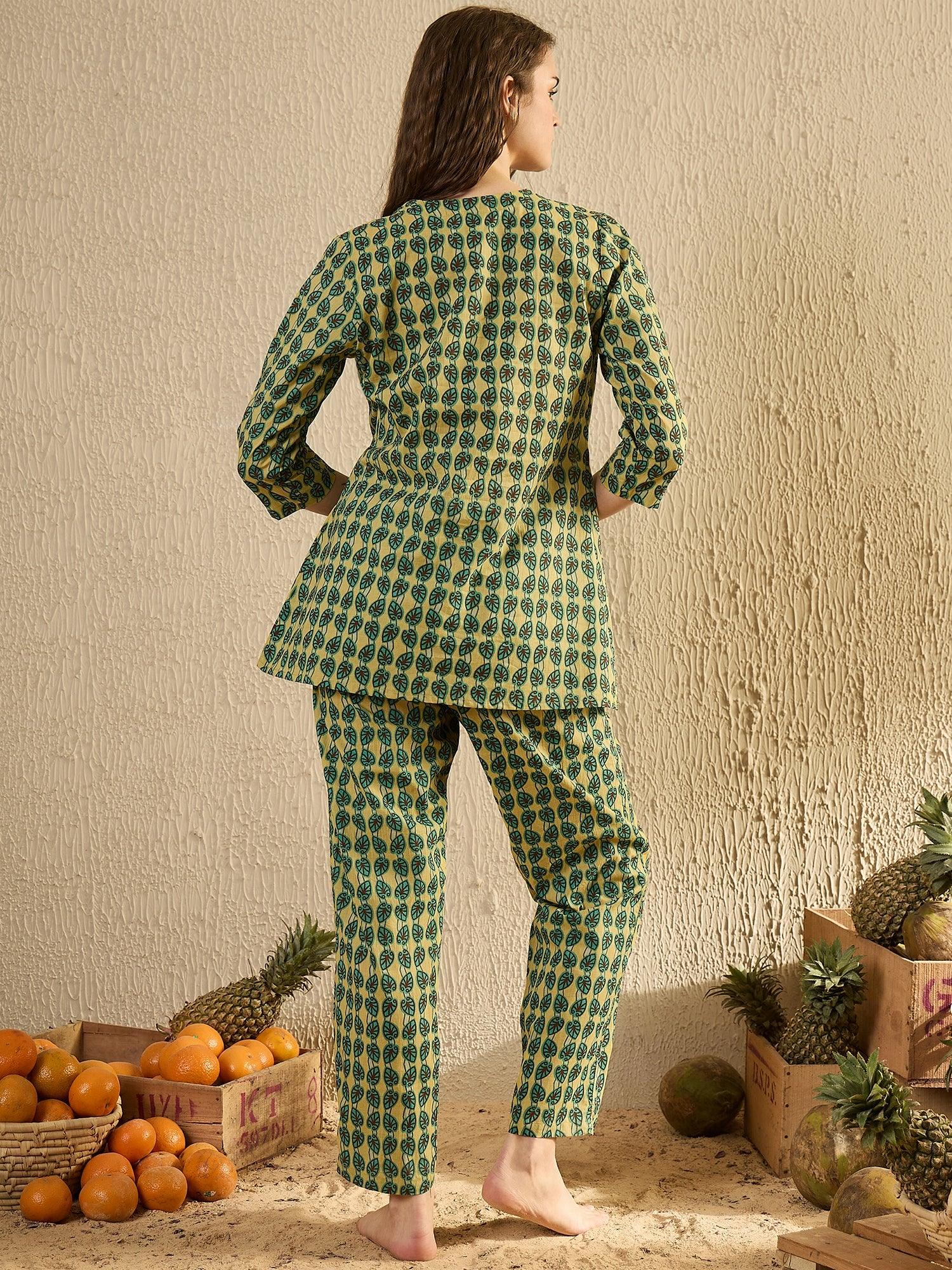 Women Abstract Printed Green Night Suit Set - SanskrutiHomes