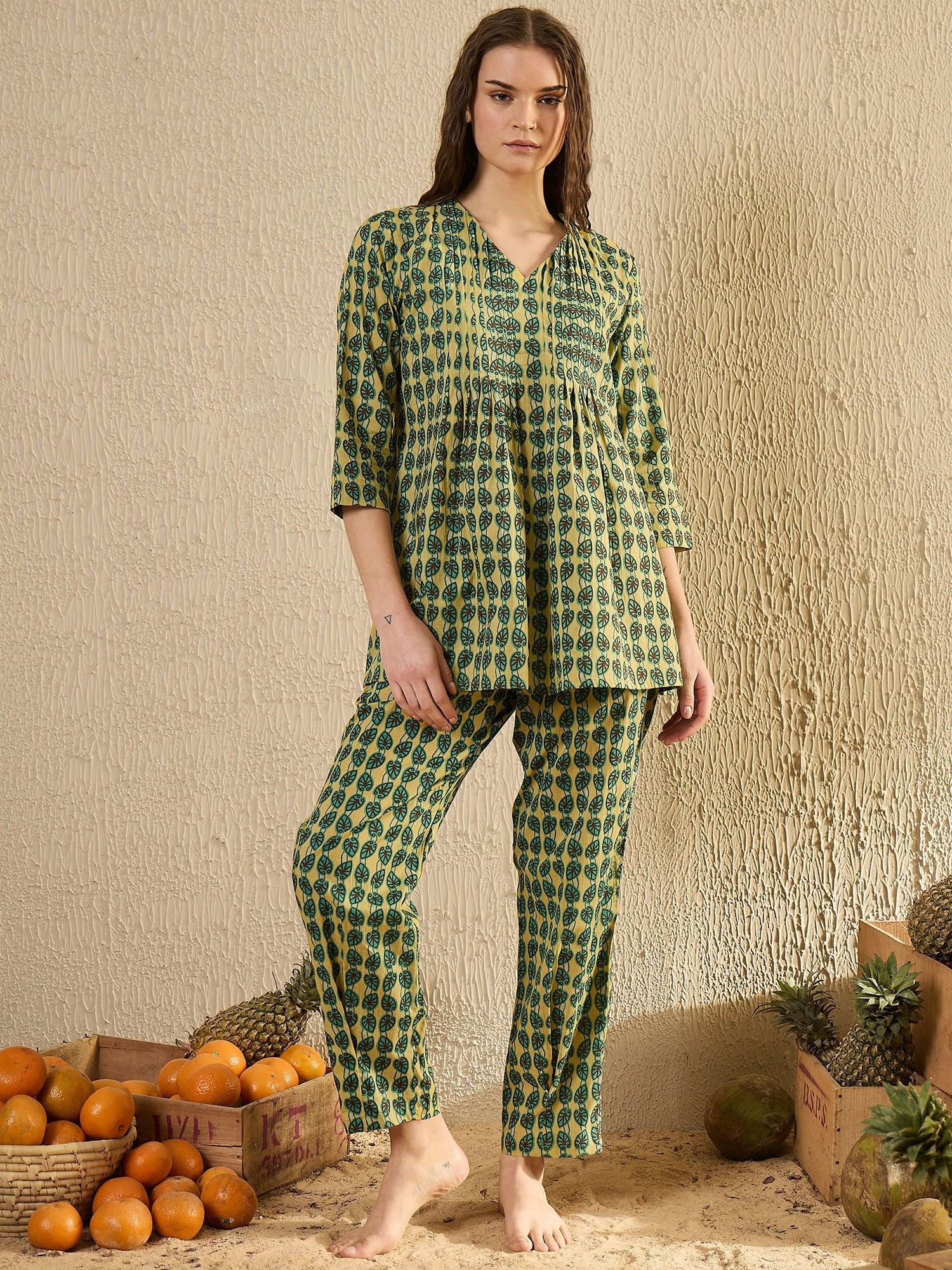 Women Abstract Printed Green Night Suit Set - SanskrutiHomes