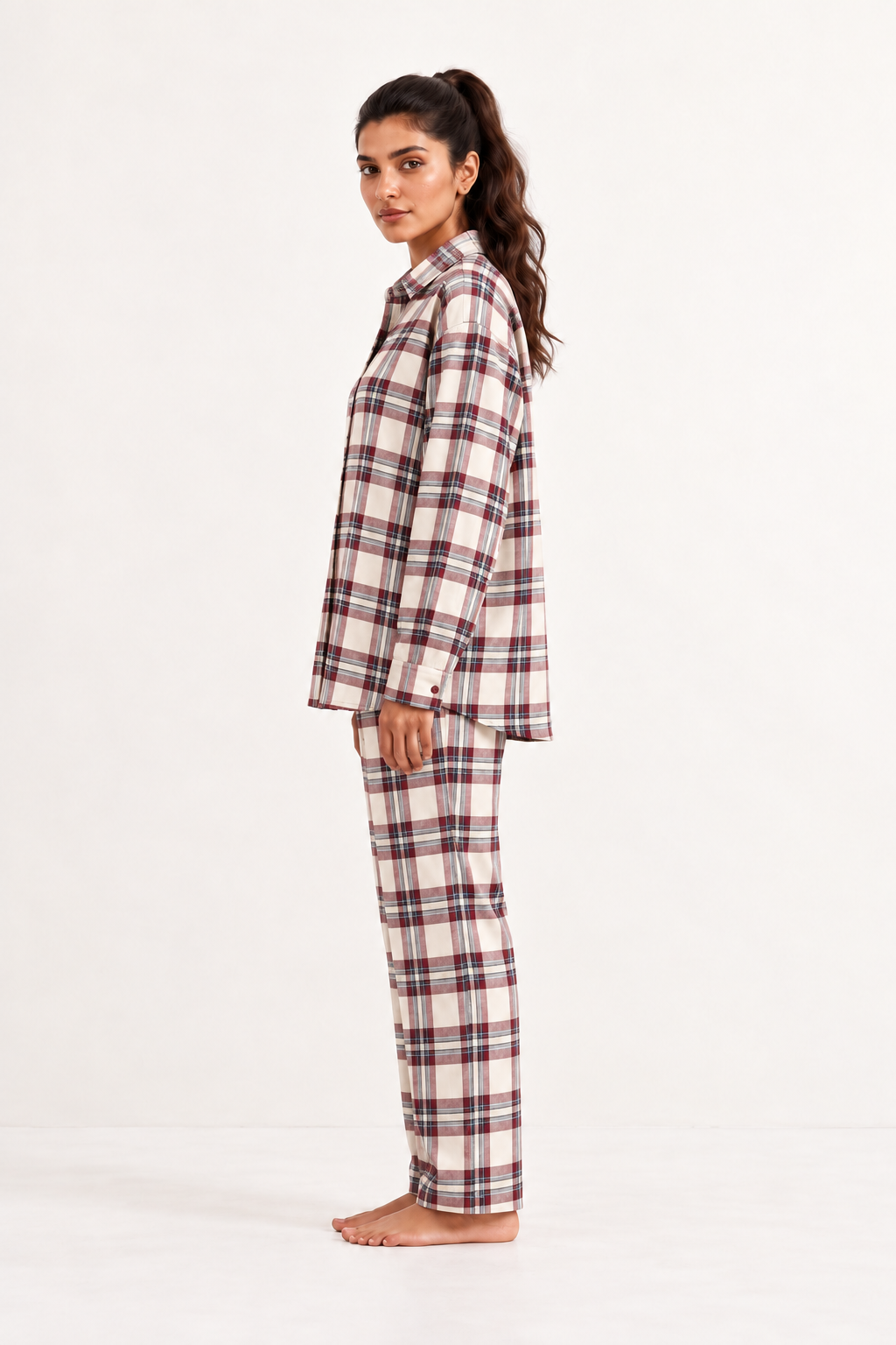 Maroon Shirt Collar Checked Cashmere Winter Night Suit For Women