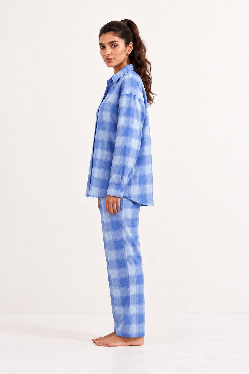 Blue Shirt Collar Checked Cozy Cashmere Night Suit For Women