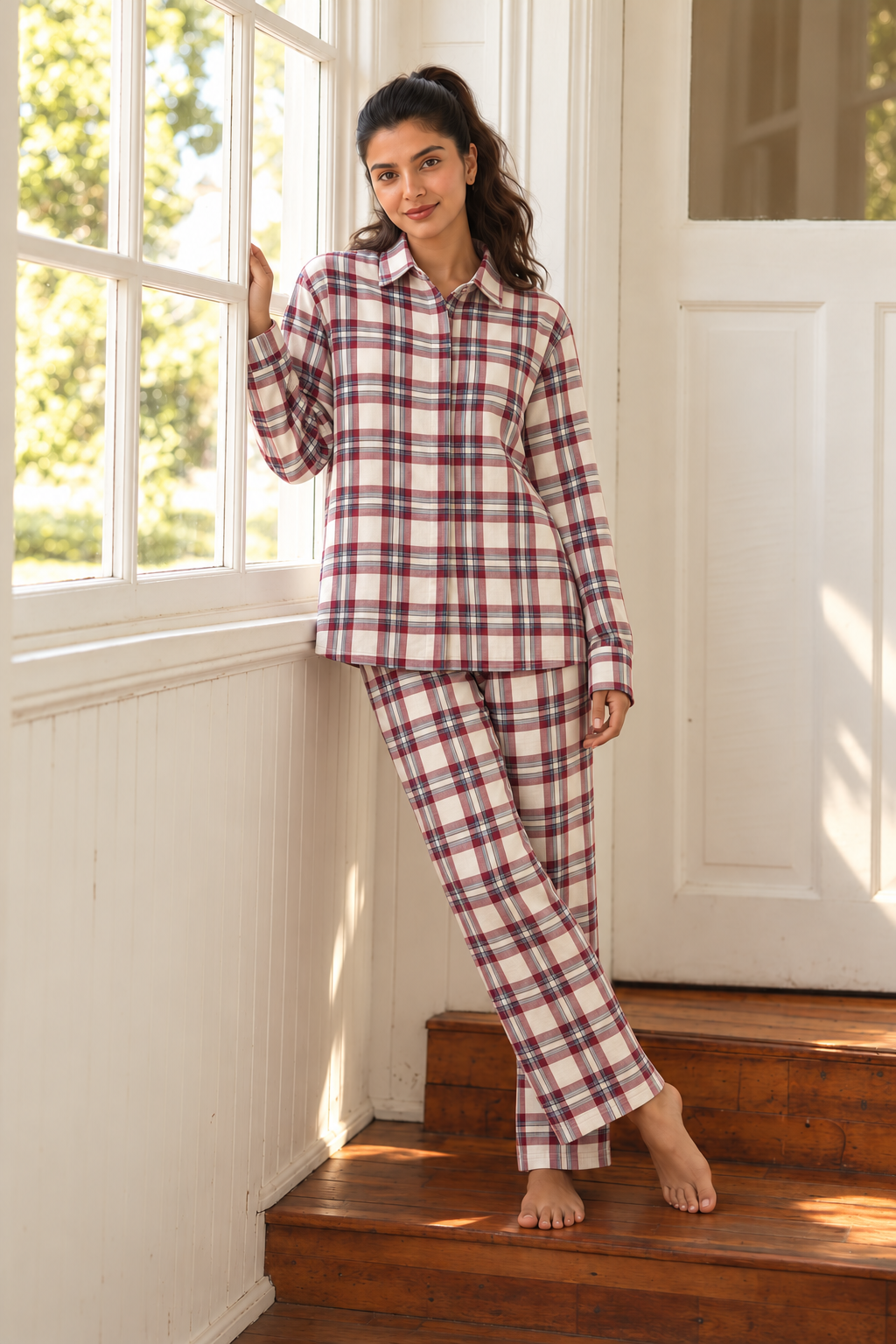 Maroon Shirt Collar Checked Cashmere Winter Night Suit For Women