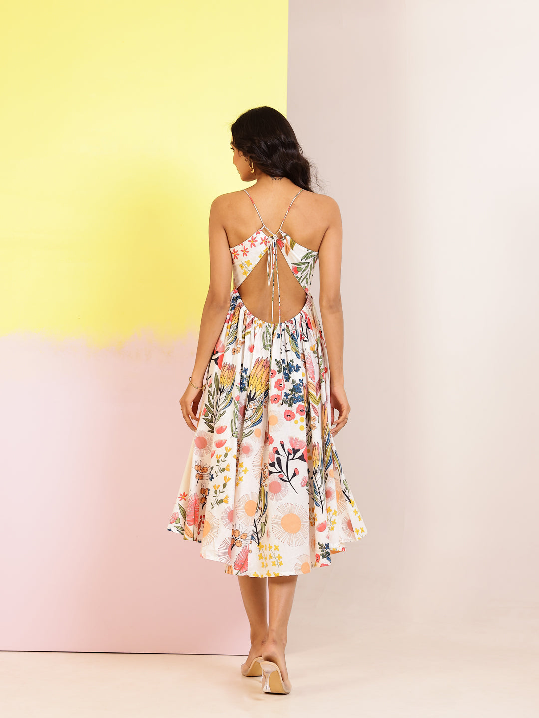 Off White Cotton Round Neck Printed Dress for Women