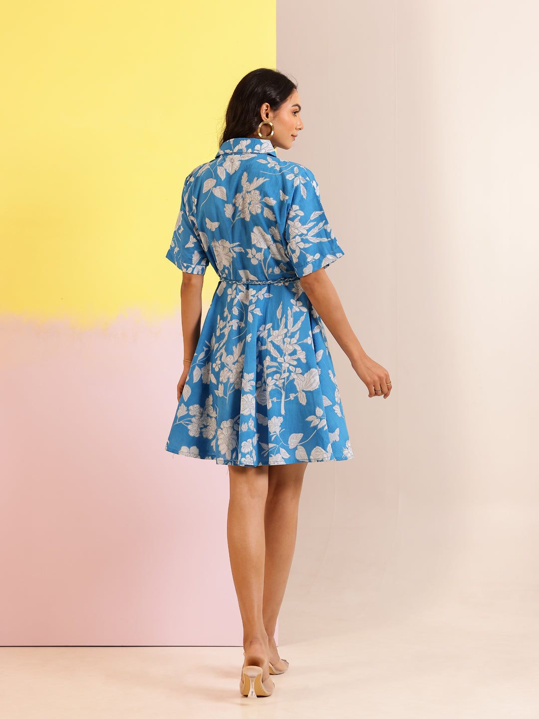 Blue Cotton Shirt Collar Printed Dress for Women