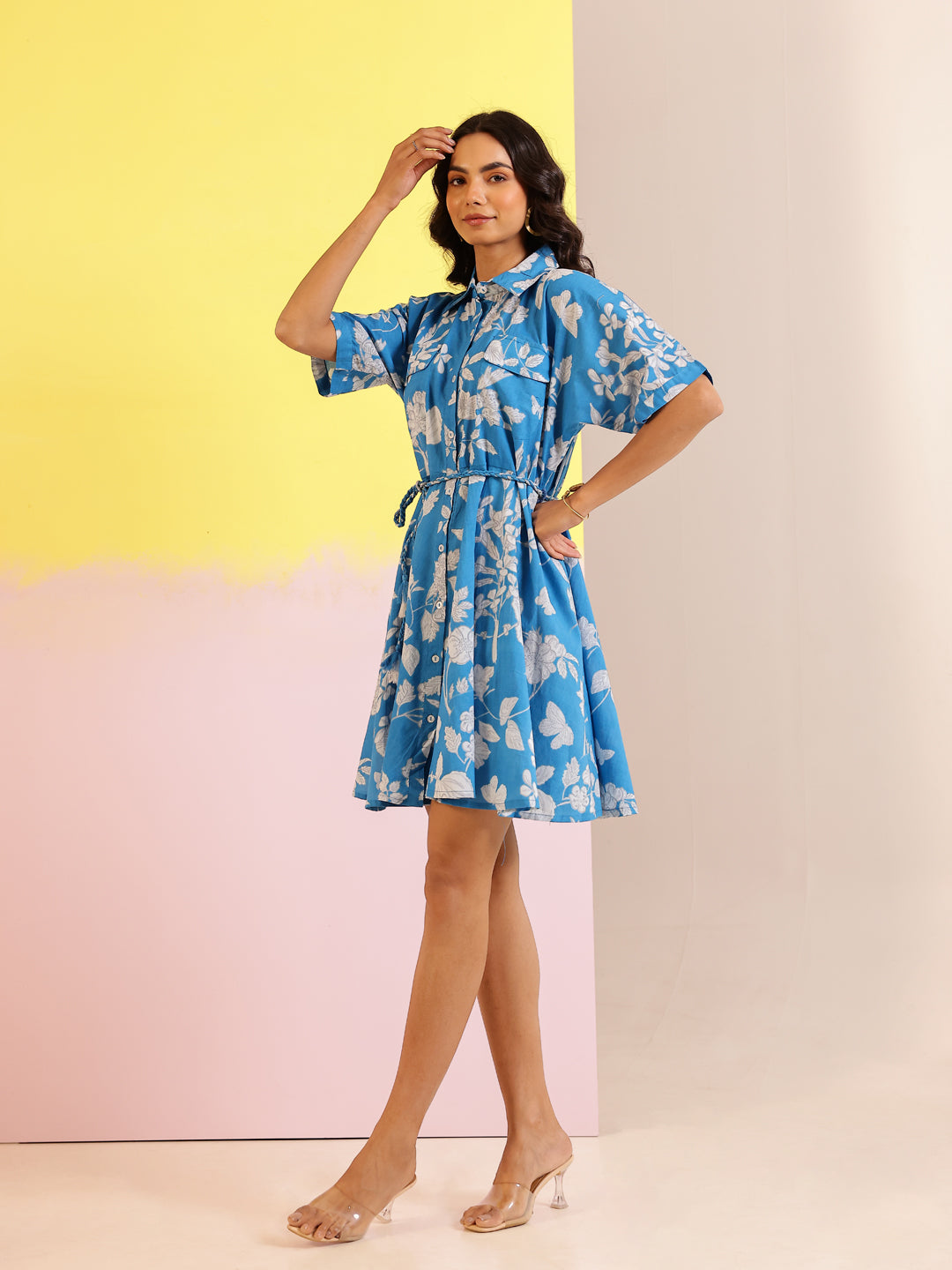 Blue Cotton Shirt Collar Printed Dress for Women