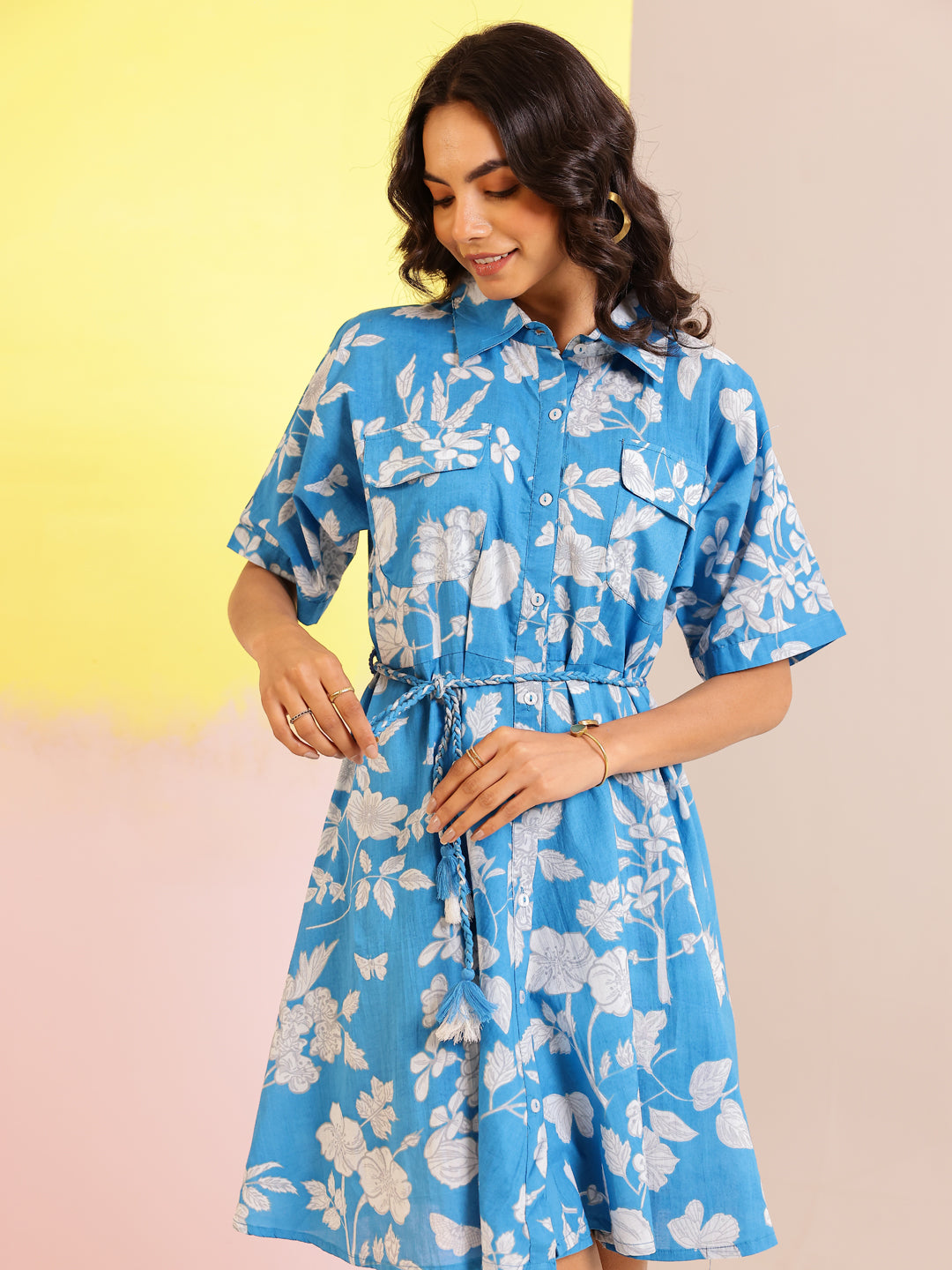 Blue Cotton Shirt Collar Printed Dress for Women