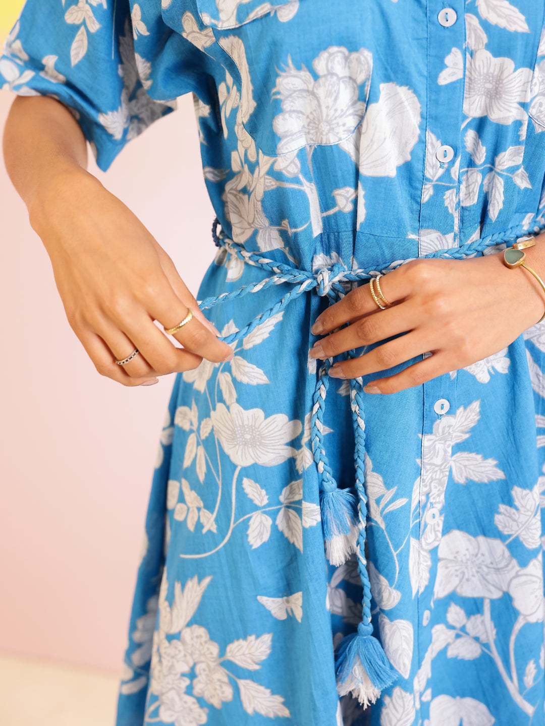 Blue Cotton Shirt Collar Printed Dress for Women