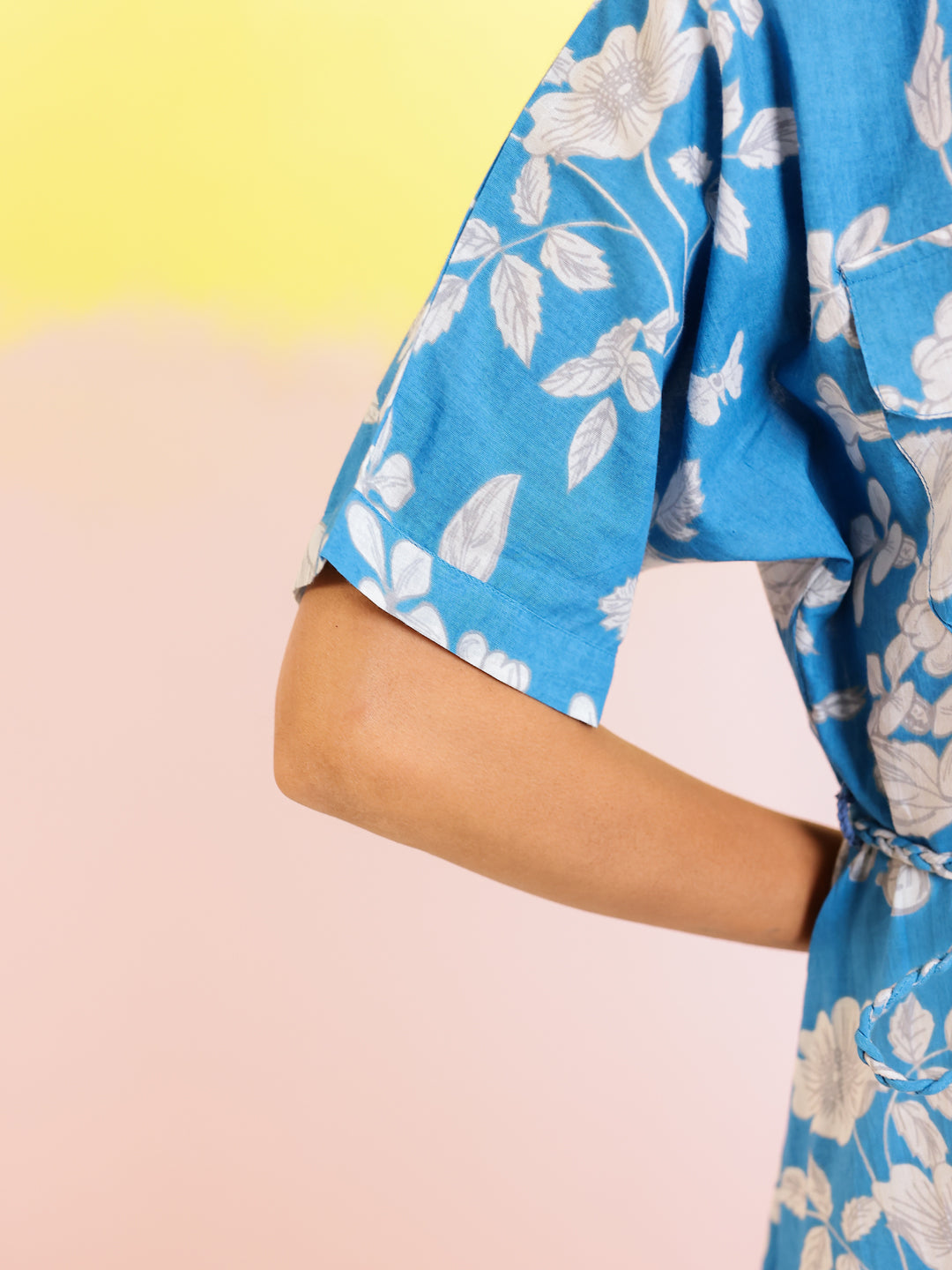 Blue Cotton Shirt Collar Printed Dress for Women