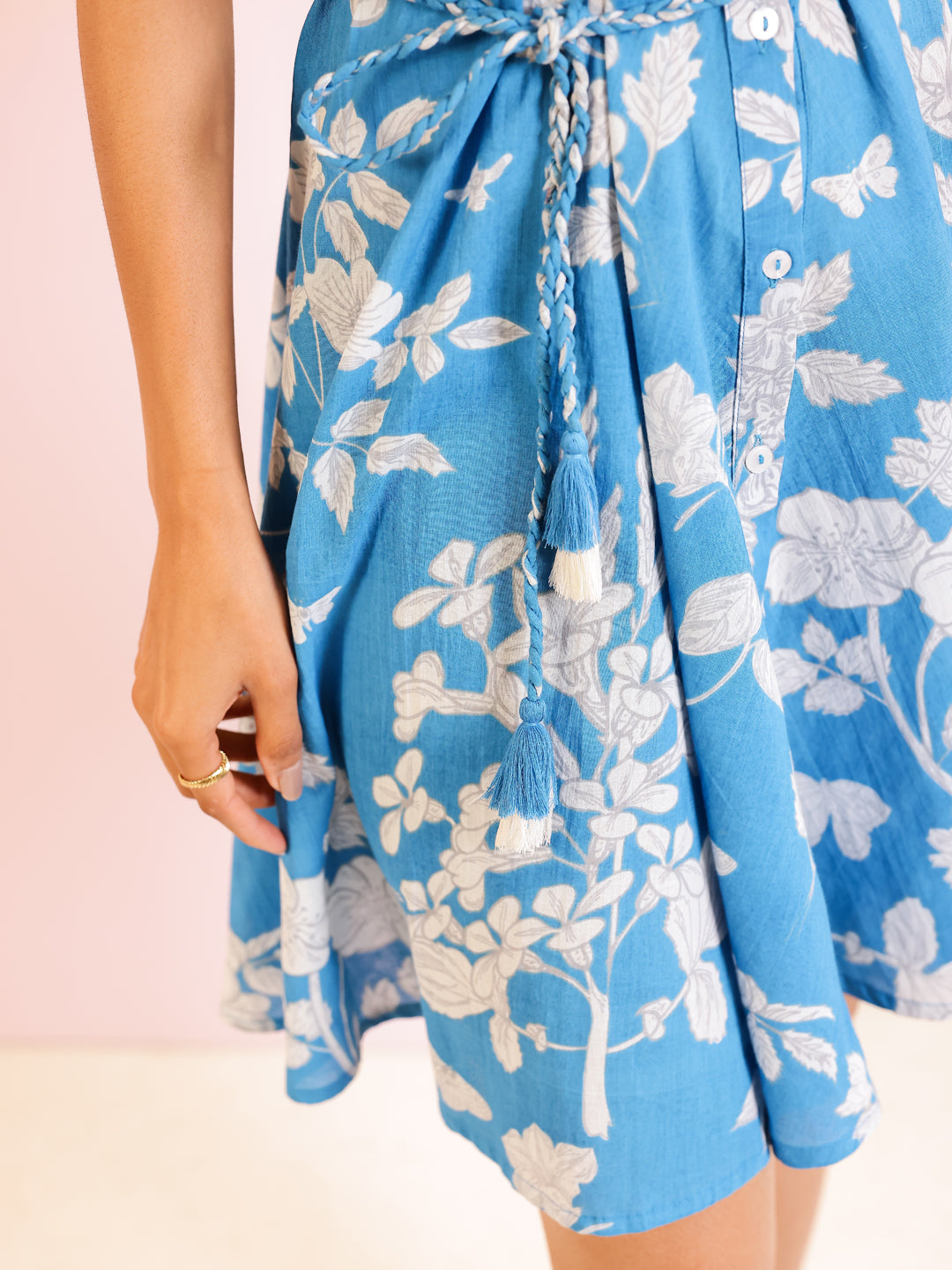 Blue Cotton Shirt Collar Printed Dress for Women