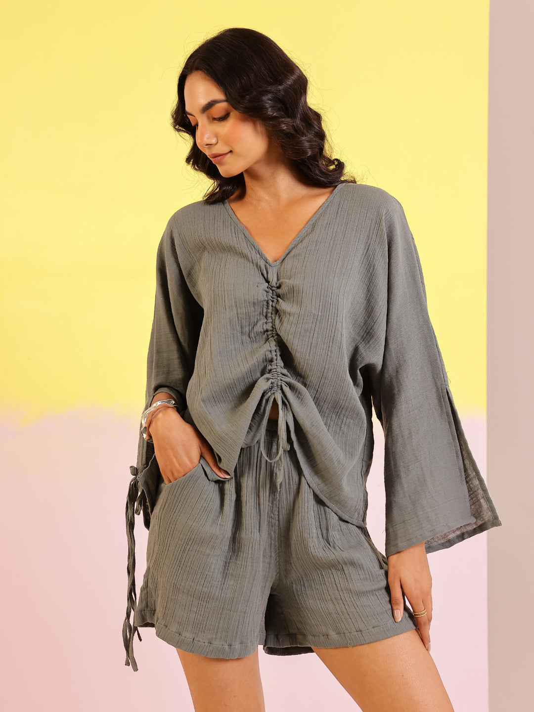 Green V-Neck Pure Cotton Dyed Co-ords Set for Women