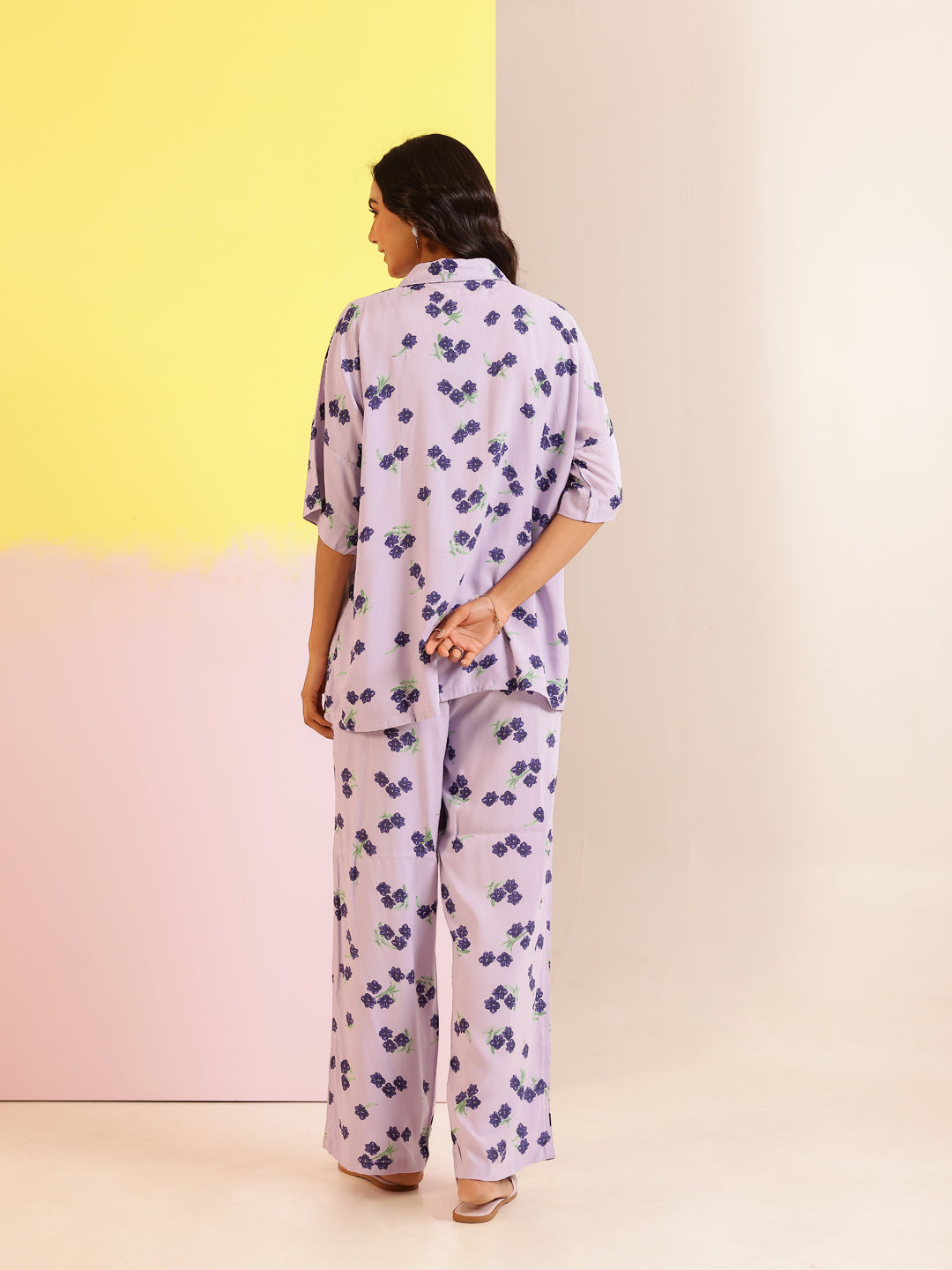 Lavender Color Floral Printed Viscose Rayon Night Suit