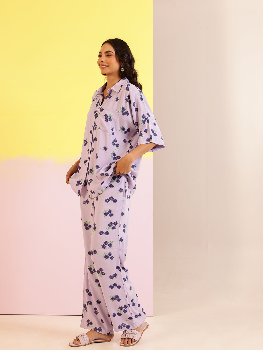 Lavender Color Floral Printed Viscose Rayon Night Suit
