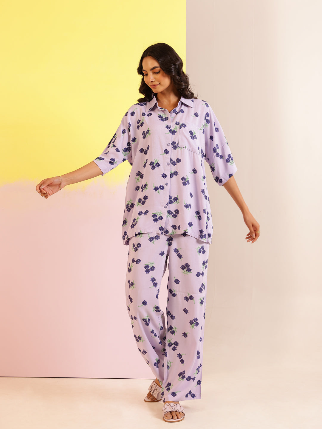 Lavender Color Floral Printed Viscose Rayon Night Suit