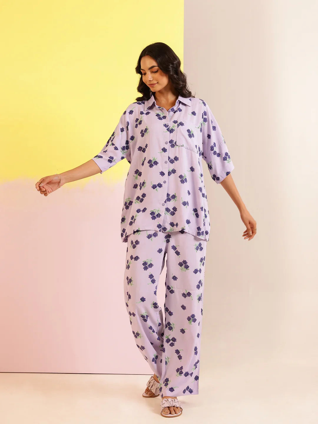 Lavender Color Floral Printed Viscose Rayon Night Suit - SanskrutiHomes