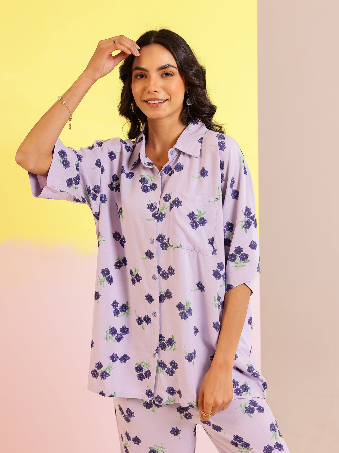 Lavender Color Floral Printed Viscose Rayon Night Suit