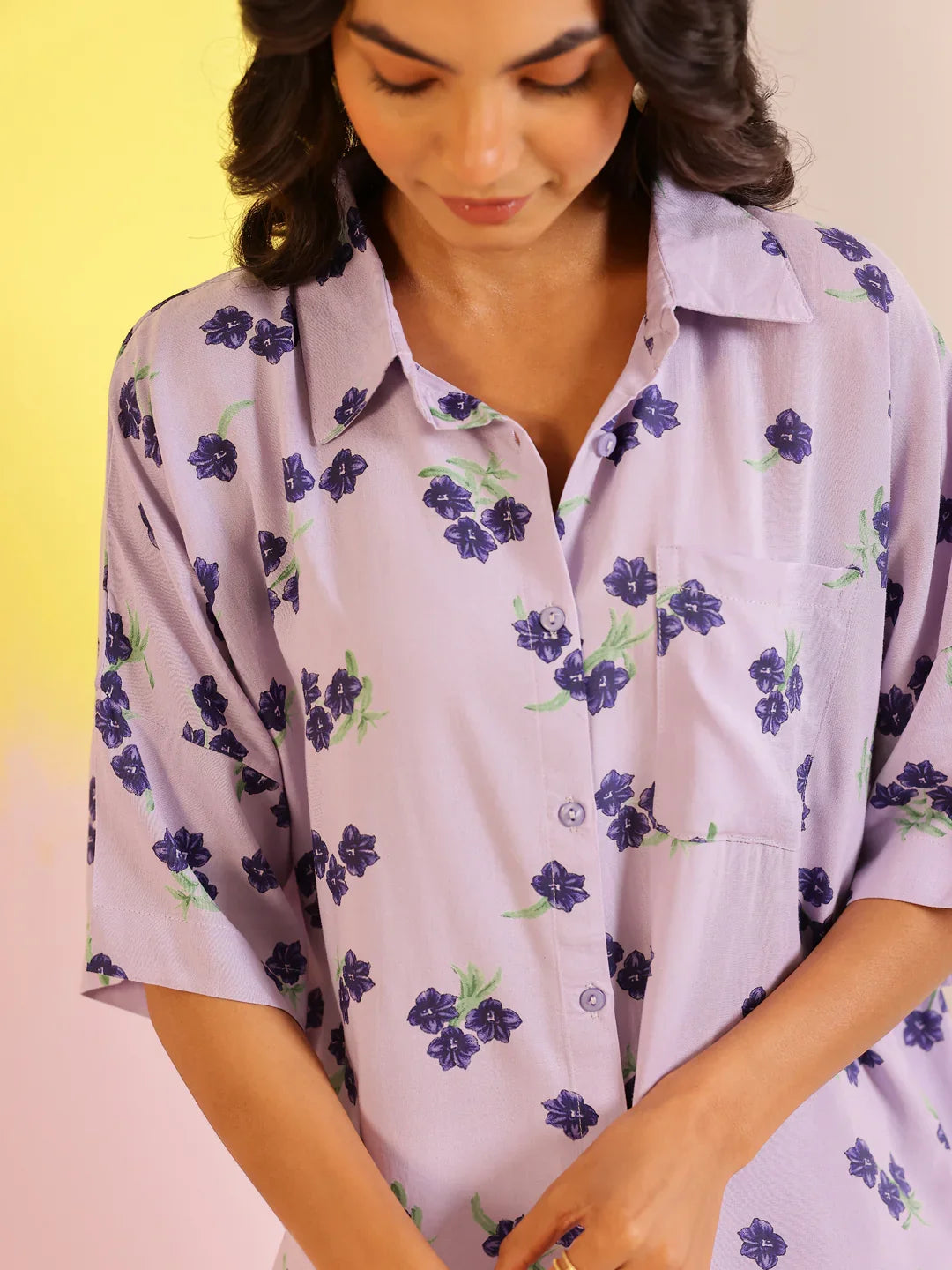 Lavender Color Floral Printed Viscose Rayon Night Suit - SanskrutiHomes