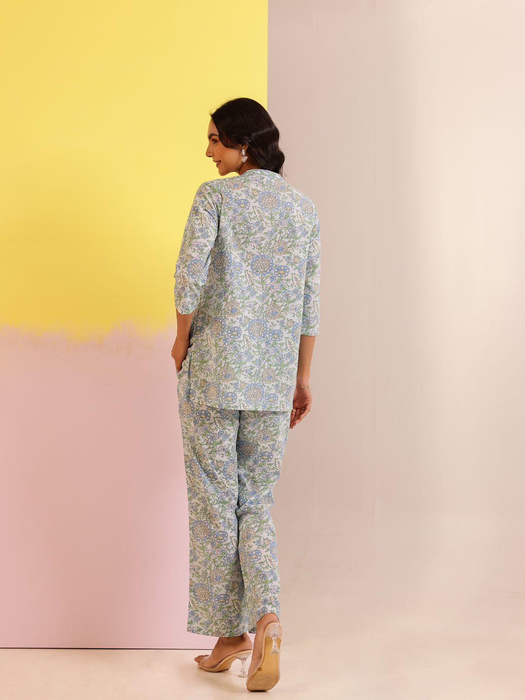 Blue Color V-Neck Printed co-ords set for women - SanskrutiHomes