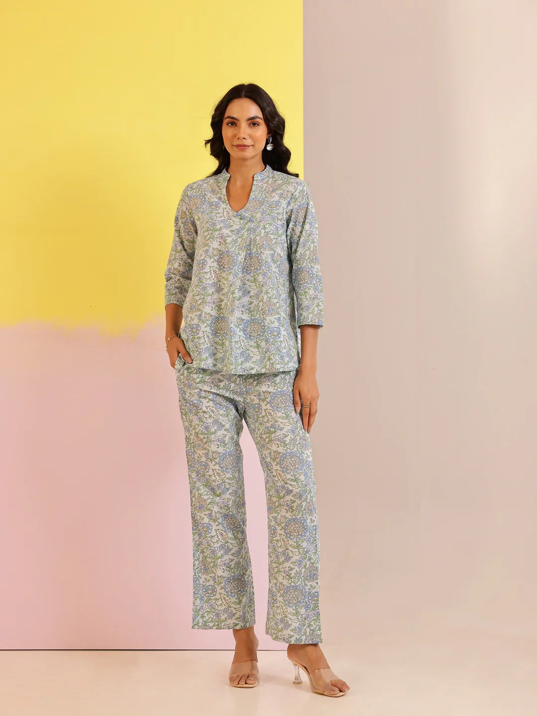 Blue Color V-Neck Printed co-ords set for women - SanskrutiHomes