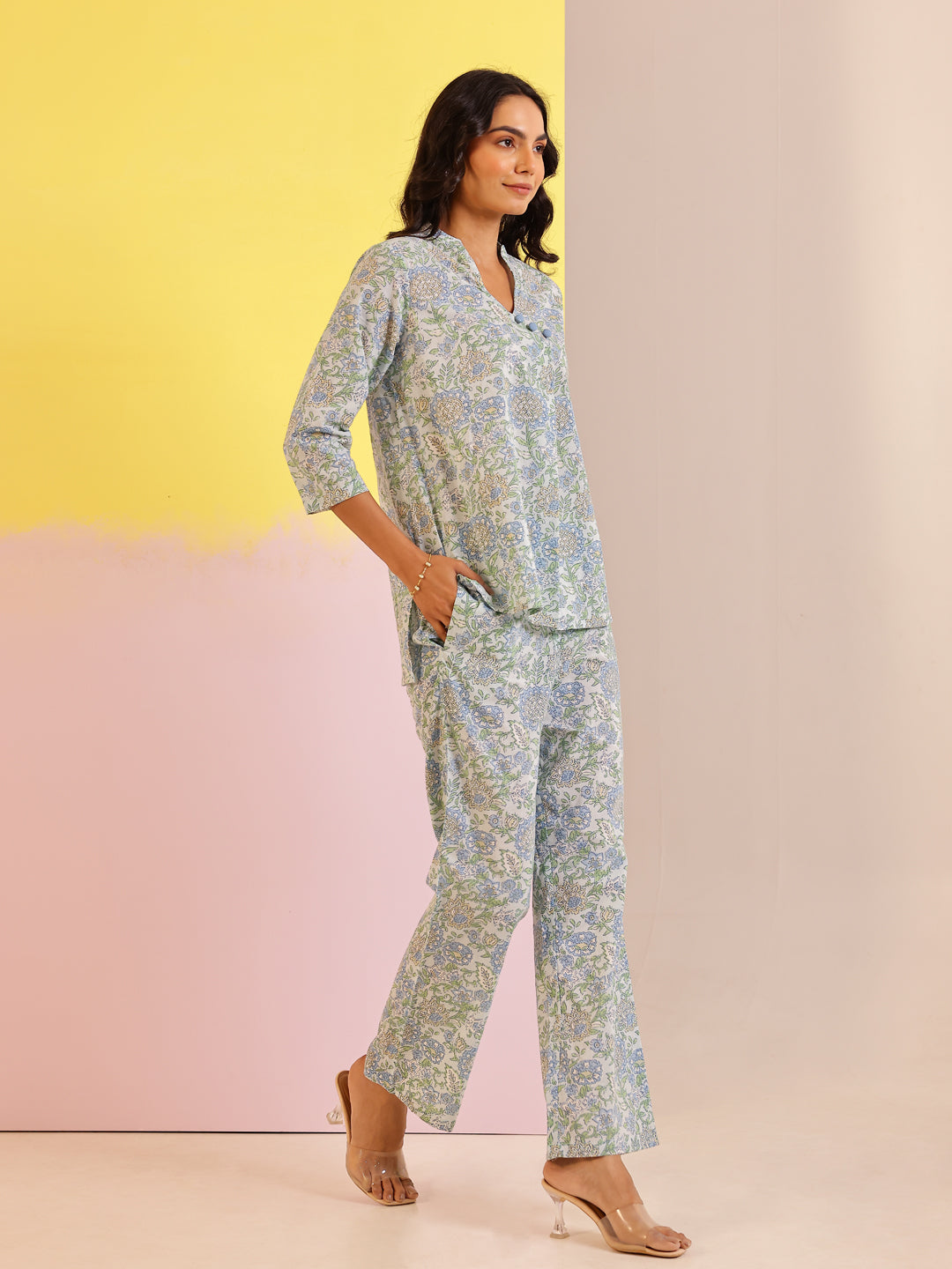 Blue Color V-Neck Printed co-ords set for women - SanskrutiHomes