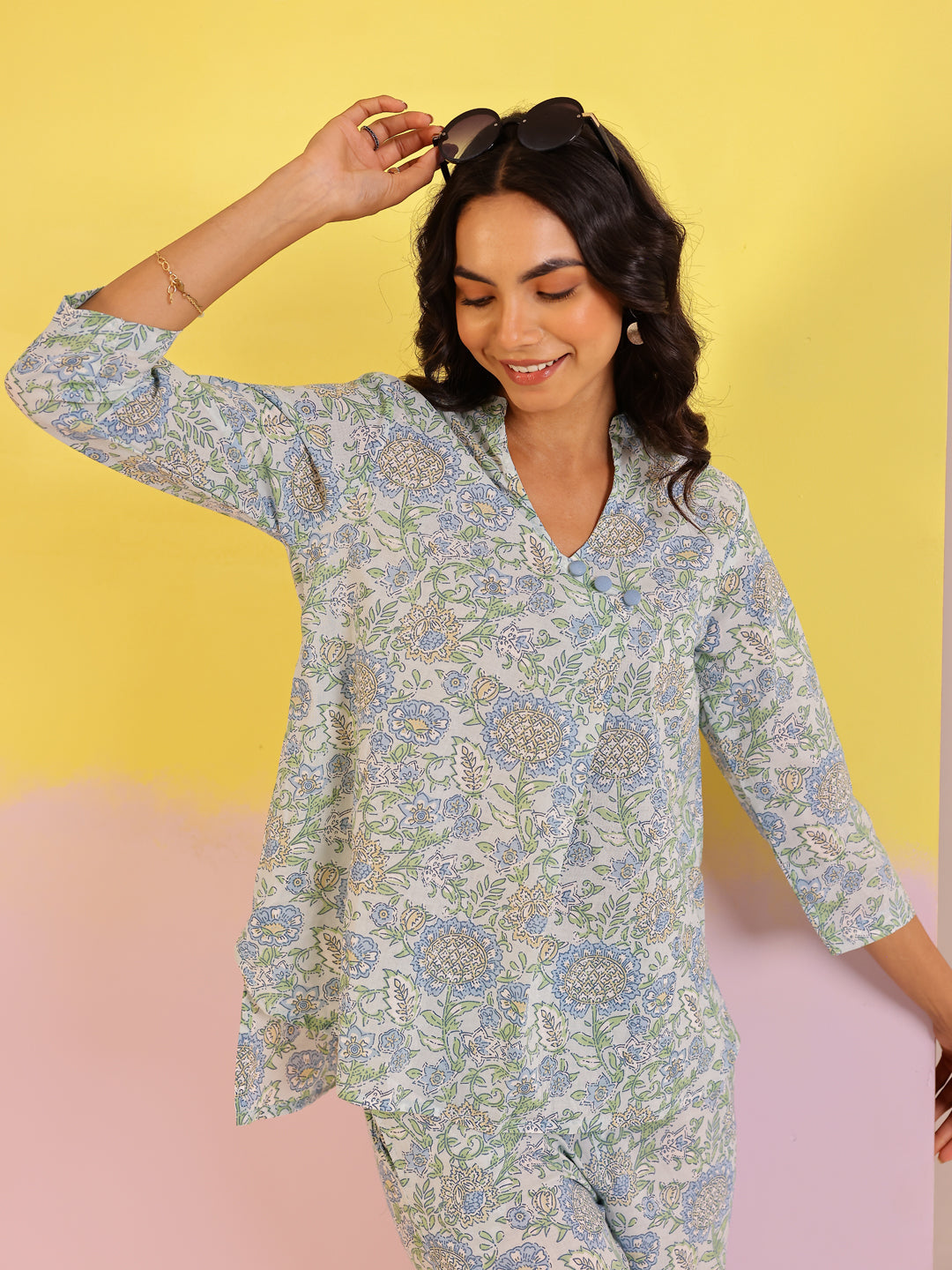 Blue Color V-Neck Printed co-ords set for women - SanskrutiHomes