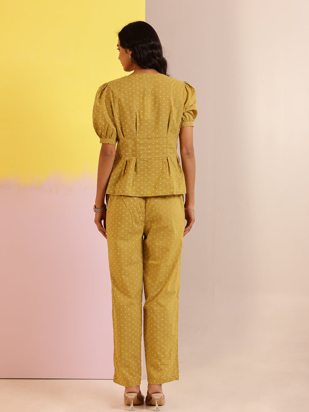 White Mandarin Collar Pure Cotton Printed Co-ords Set for Women