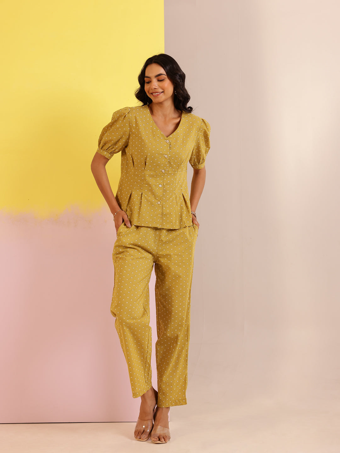 White Mandarin Collar Pure Cotton Printed Co-ords Set for Women