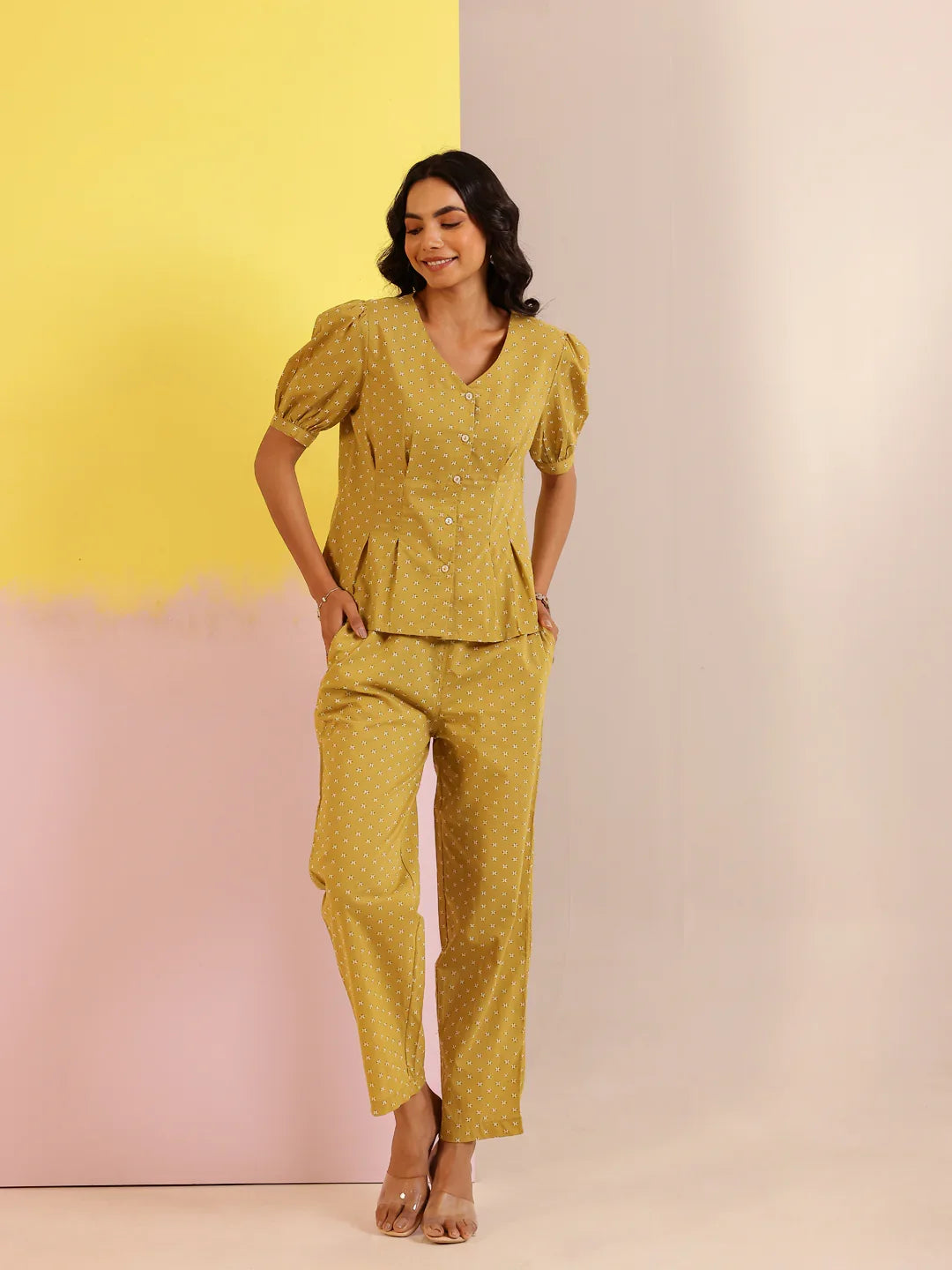 White Mandarin Collar Pure Cotton Printed Co-ords Set for Women - SanskrutiHomes