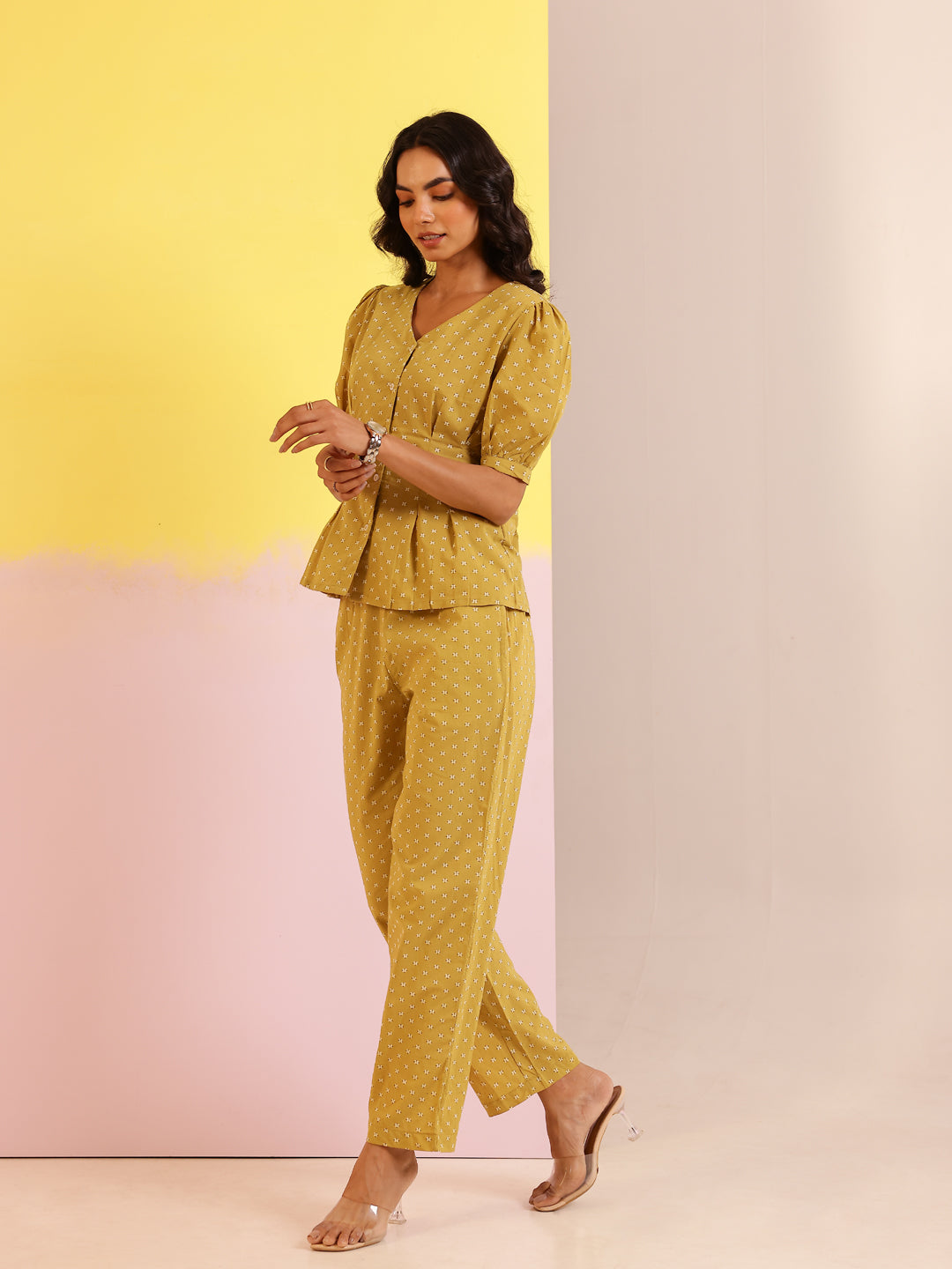 White Mandarin Collar Pure Cotton Printed Co-ords Set for Women