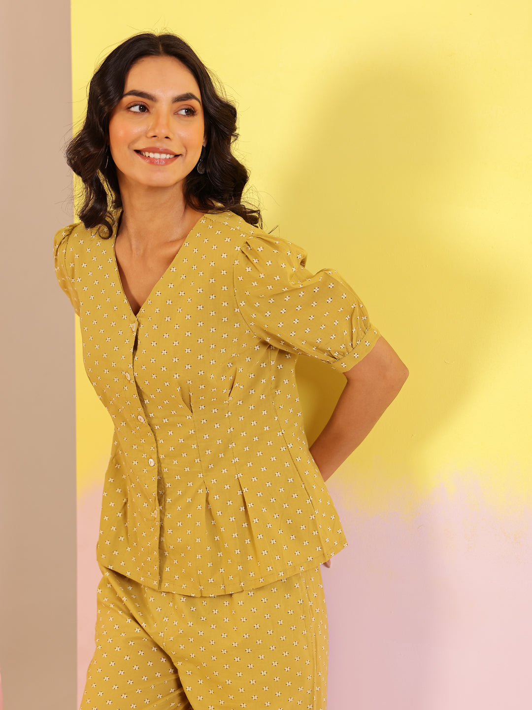 White Mandarin Collar Pure Cotton Printed Co-ords Set for Women