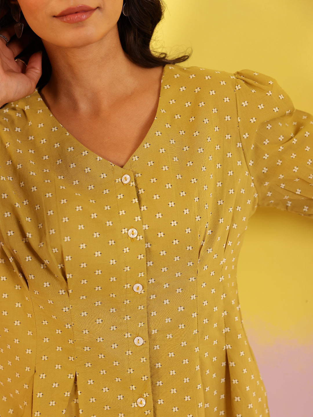 White Mandarin Collar Pure Cotton Printed Co-ords Set for Women