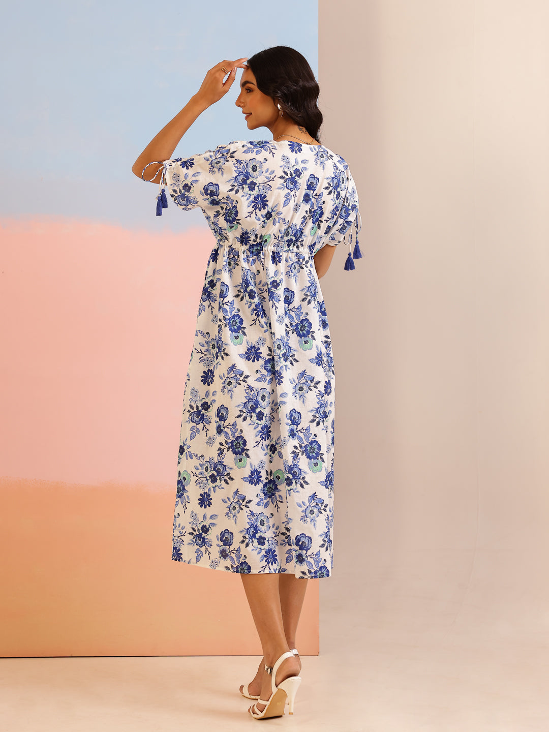 Blue Color Floral Printed Cotton Dress For Women