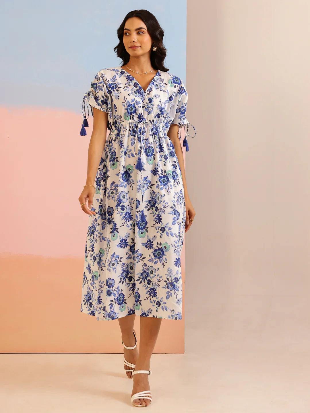 Blue Color Floral Printed Cotton Dress For Women