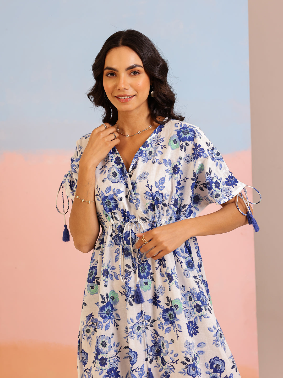 Blue Color Floral Printed Cotton Dress For Women