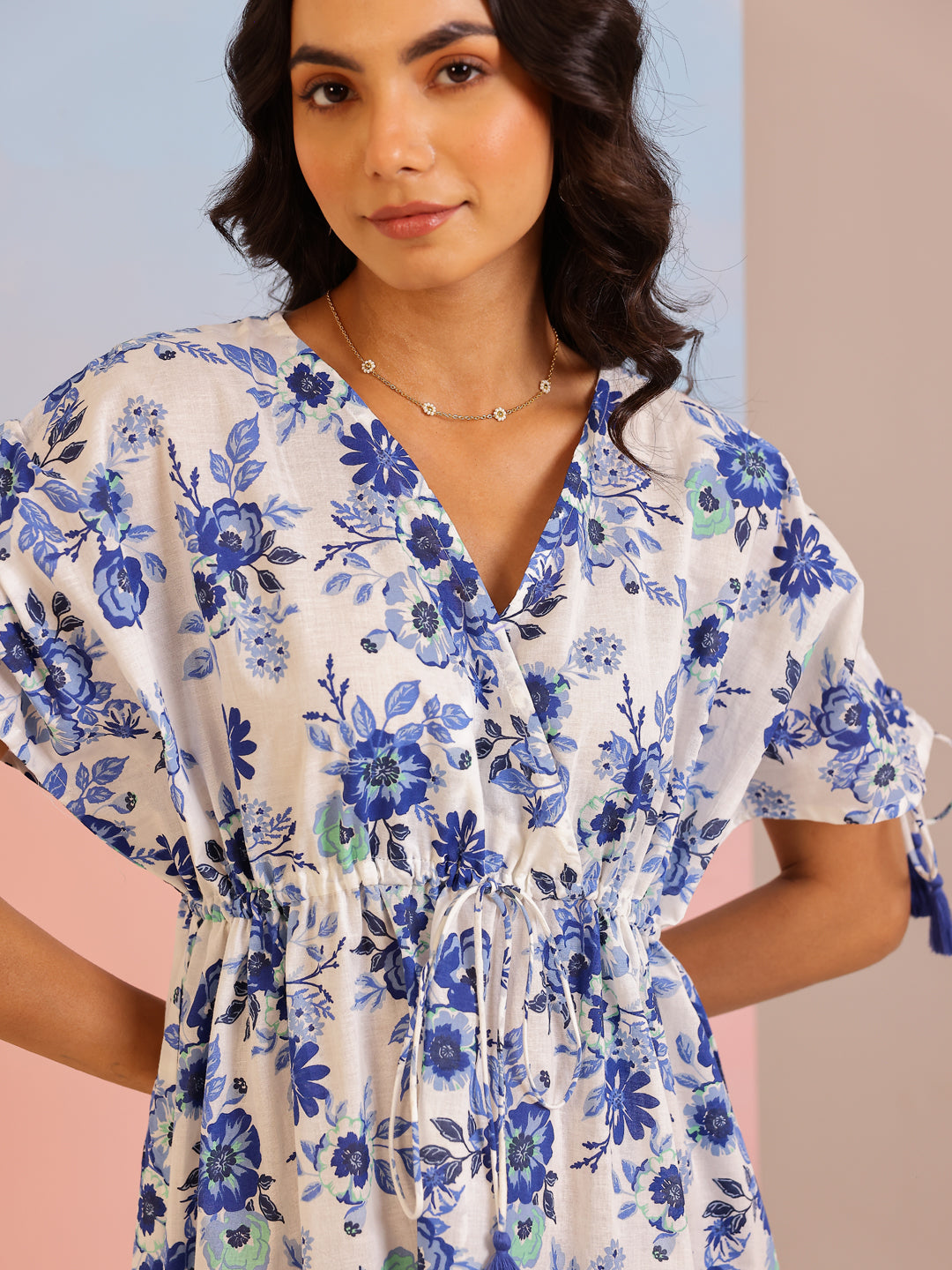 Blue Color Floral Printed Cotton Dress For Women