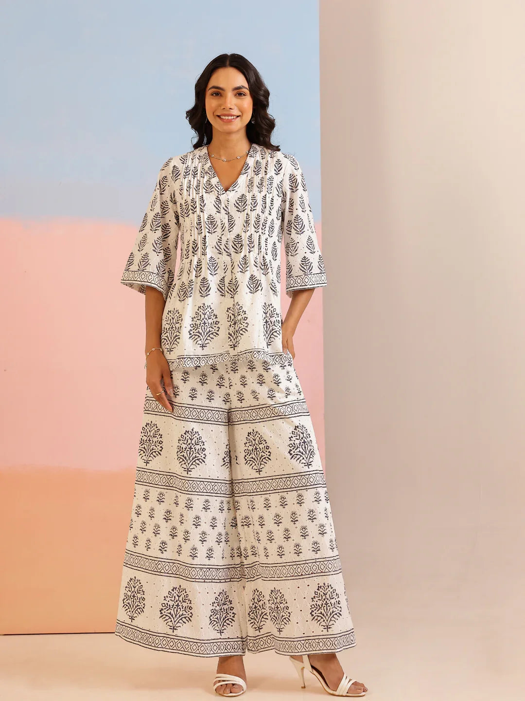 White Floral Printed Cotton Co-Ord Set