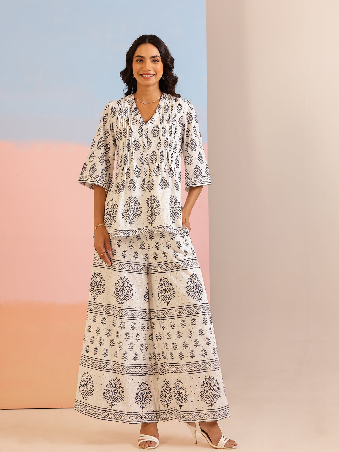 White Floral Printed Cotton Co-ord Set